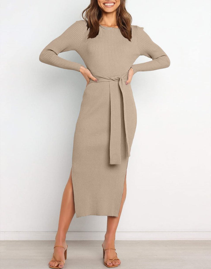 Anrabess Slim-fit Knitted slit Midi Sweater Dress