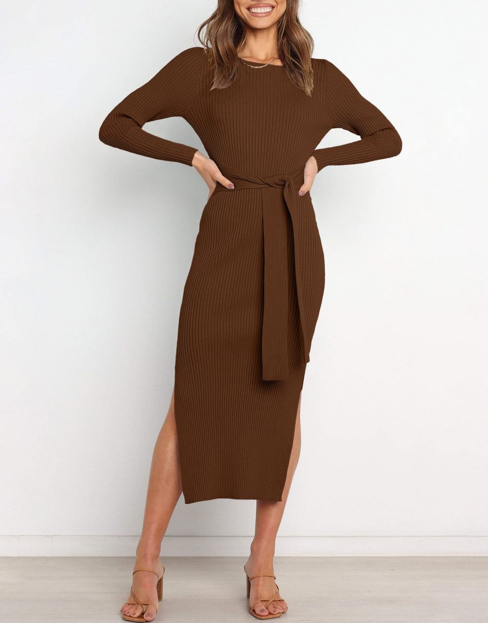 Anrabess Slim-fit Knitted slit Midi Sweater Dress