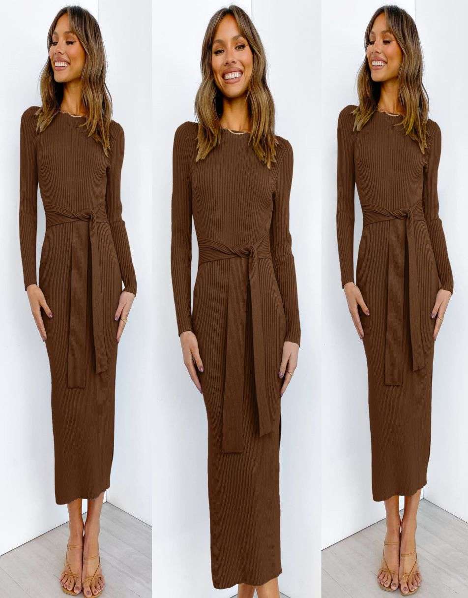 Anrabess Slim-fit Knitted slit Midi Sweater Dress