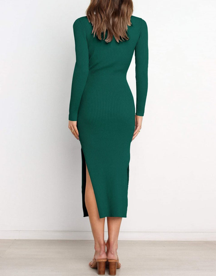 Anrabess Slim-fit Knitted slit Midi Sweater Dress