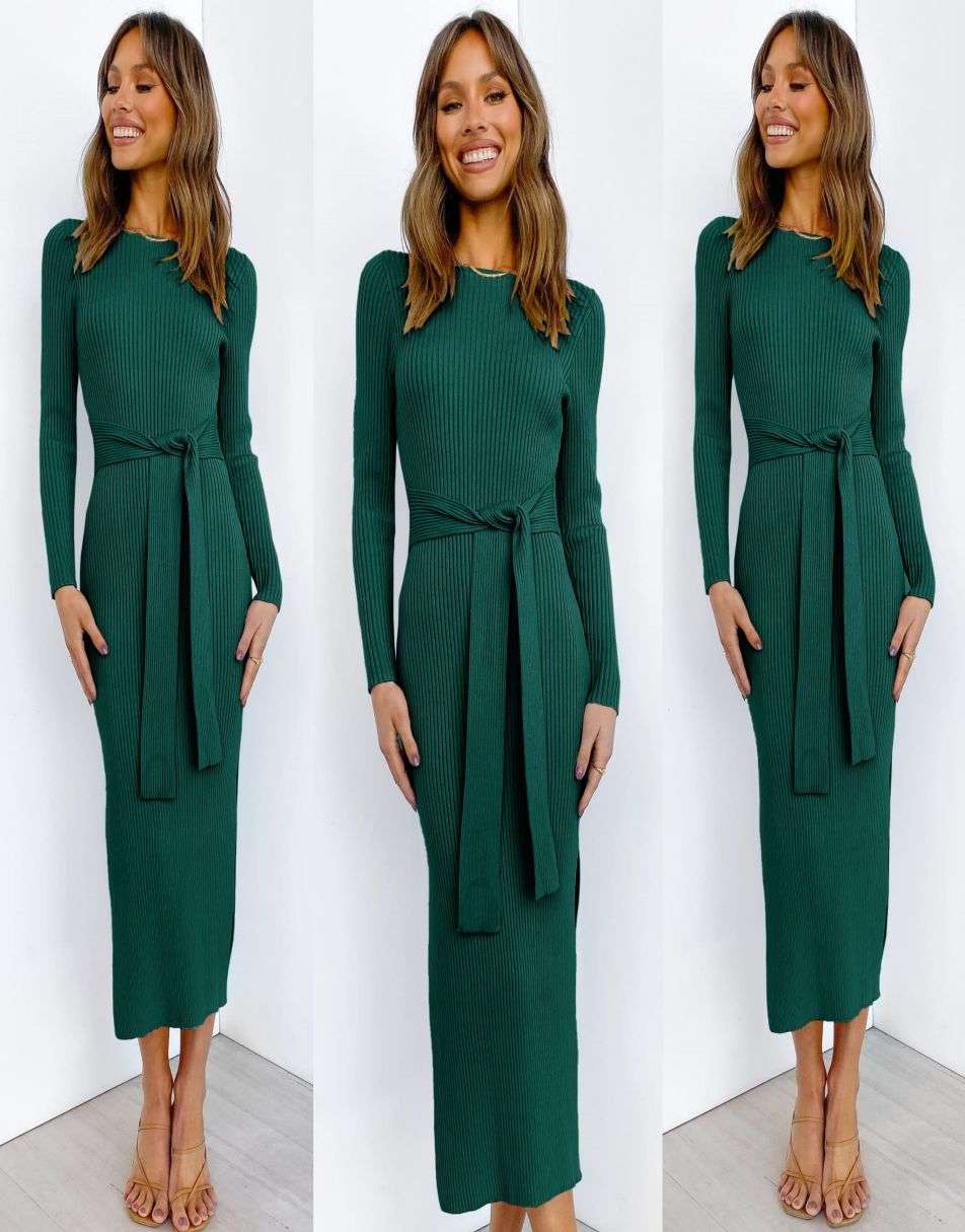 Anrabess Slim-fit Knitted slit Midi Sweater Dress