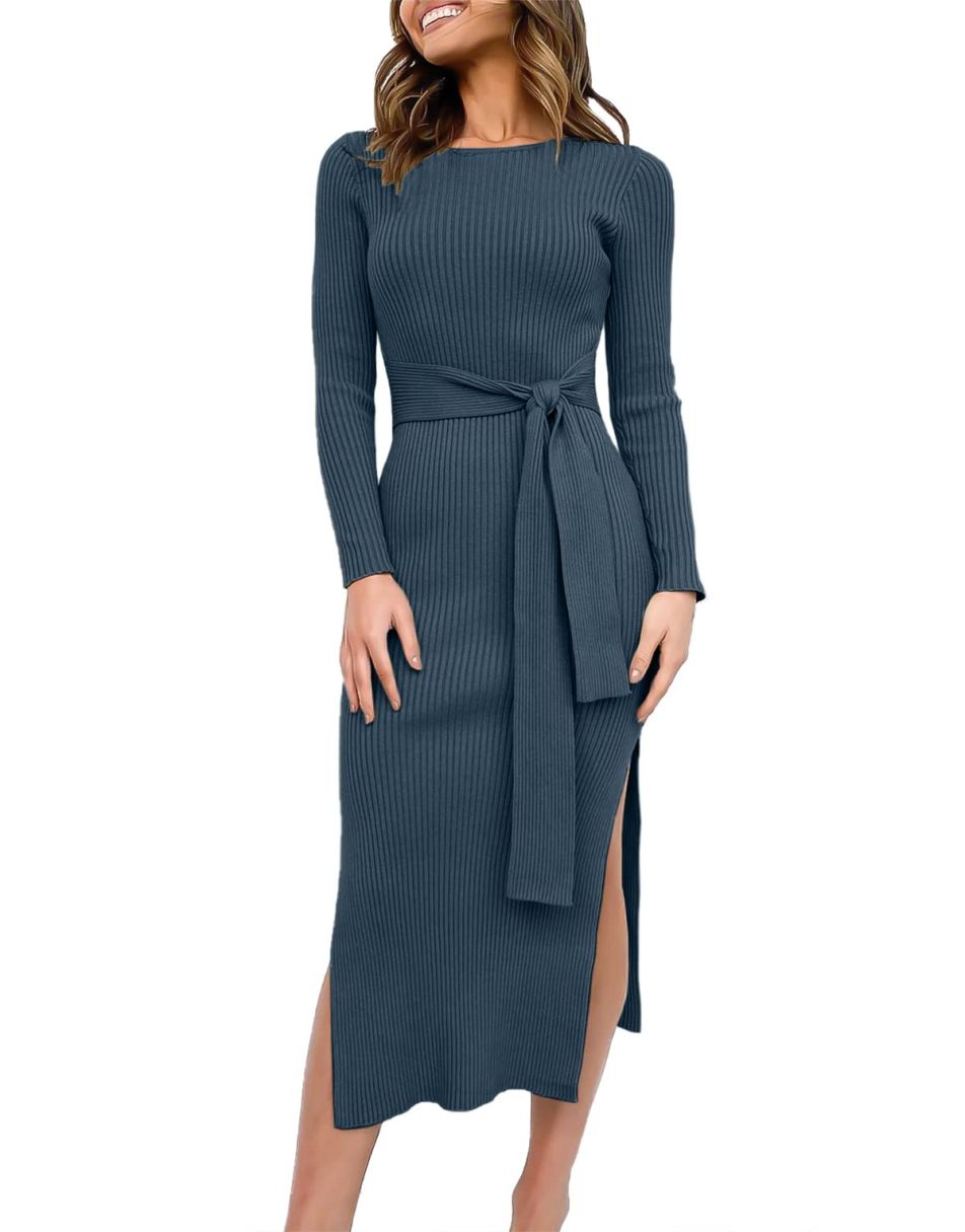 Anrabess Slim-fit Knitted slit Midi Sweater Dress