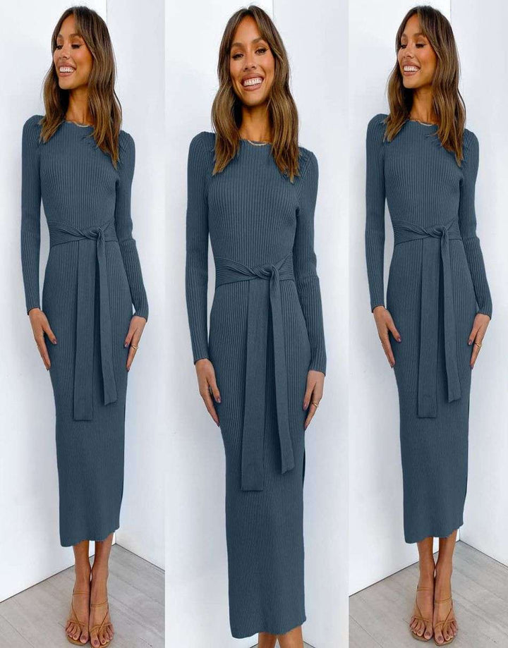 Anrabess Slim-fit Knitted slit Midi Sweater Dress