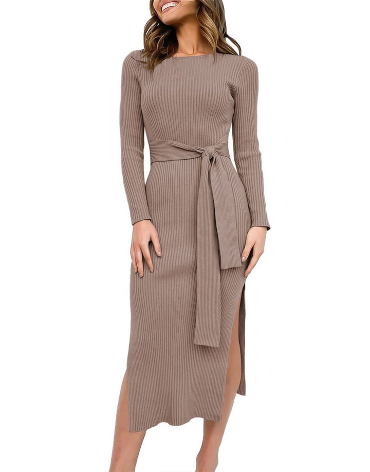 Anrabess Slim-fit Knitted slit Midi Sweater Dress