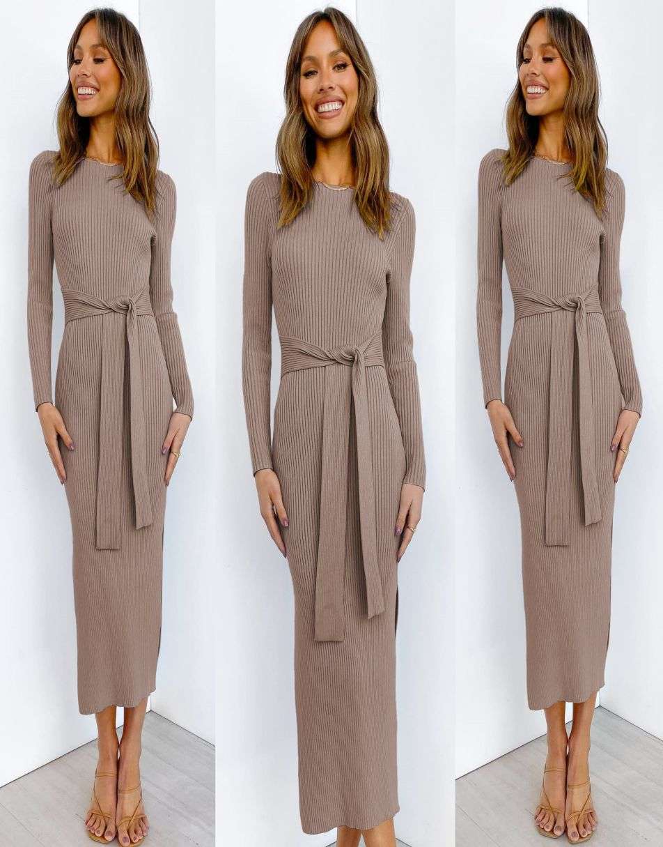 Anrabess Slim-fit Knitted slit Midi Sweater Dress