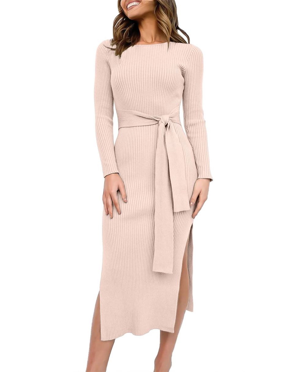 Anrabess Slim-fit Knitted slit Midi Sweater Dress