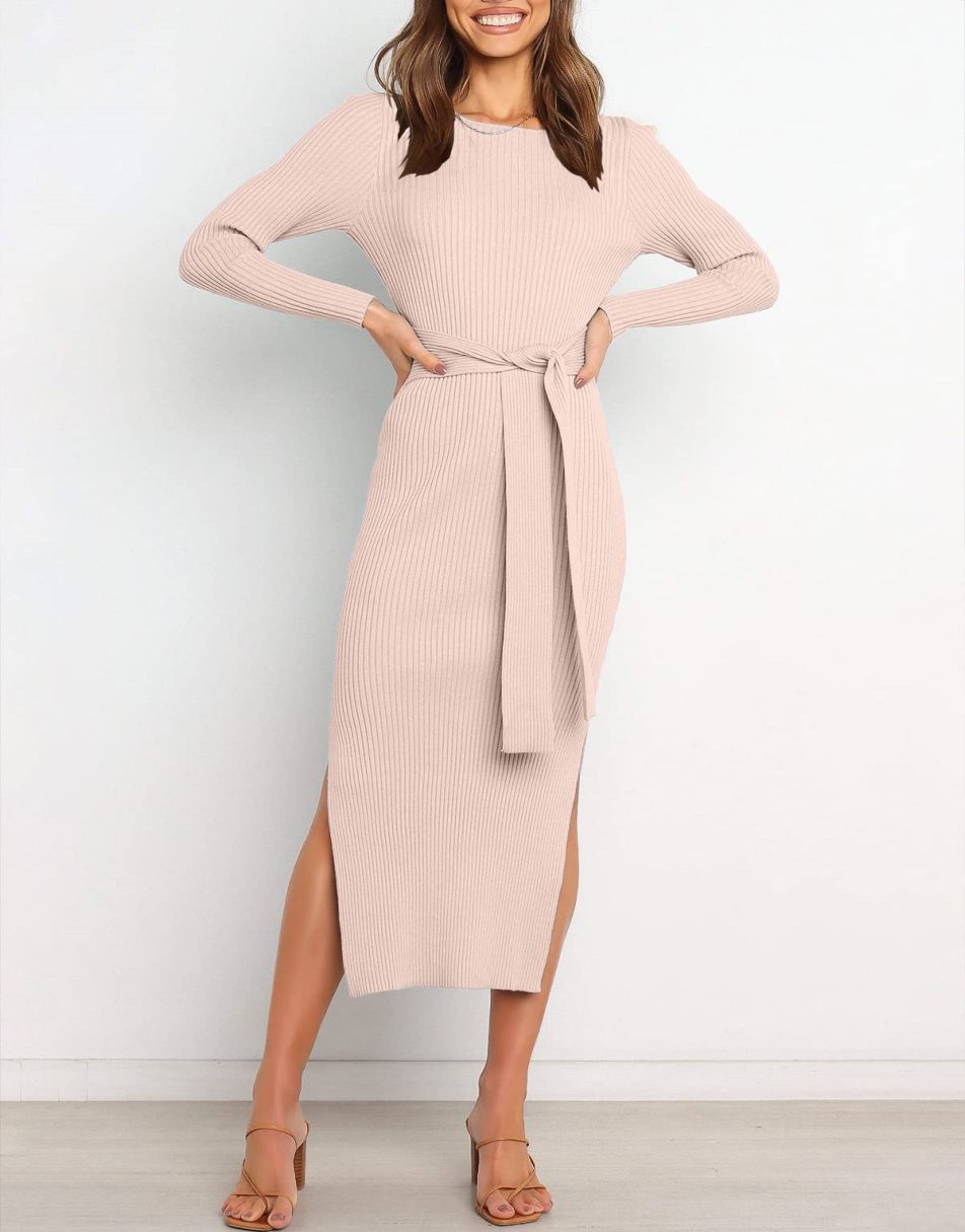 midi sweater dress with slit Ribbed Knit Midi Sweater Dress with Side Slit