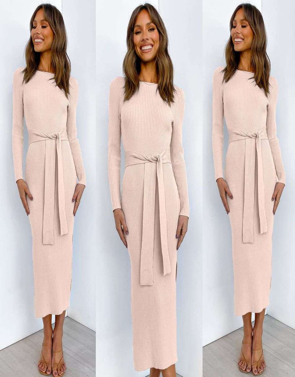 Anrabess Slim-fit Knitted slit Midi Sweater Dress