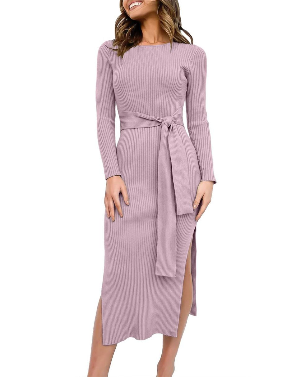 Anrabess Slim-fit Knitted slit Midi Sweater Dress