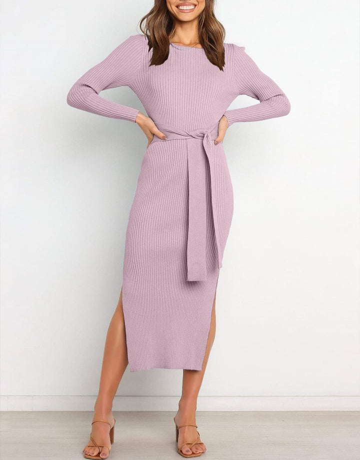 Anrabess Slim-fit Knitted slit Midi Sweater Dress