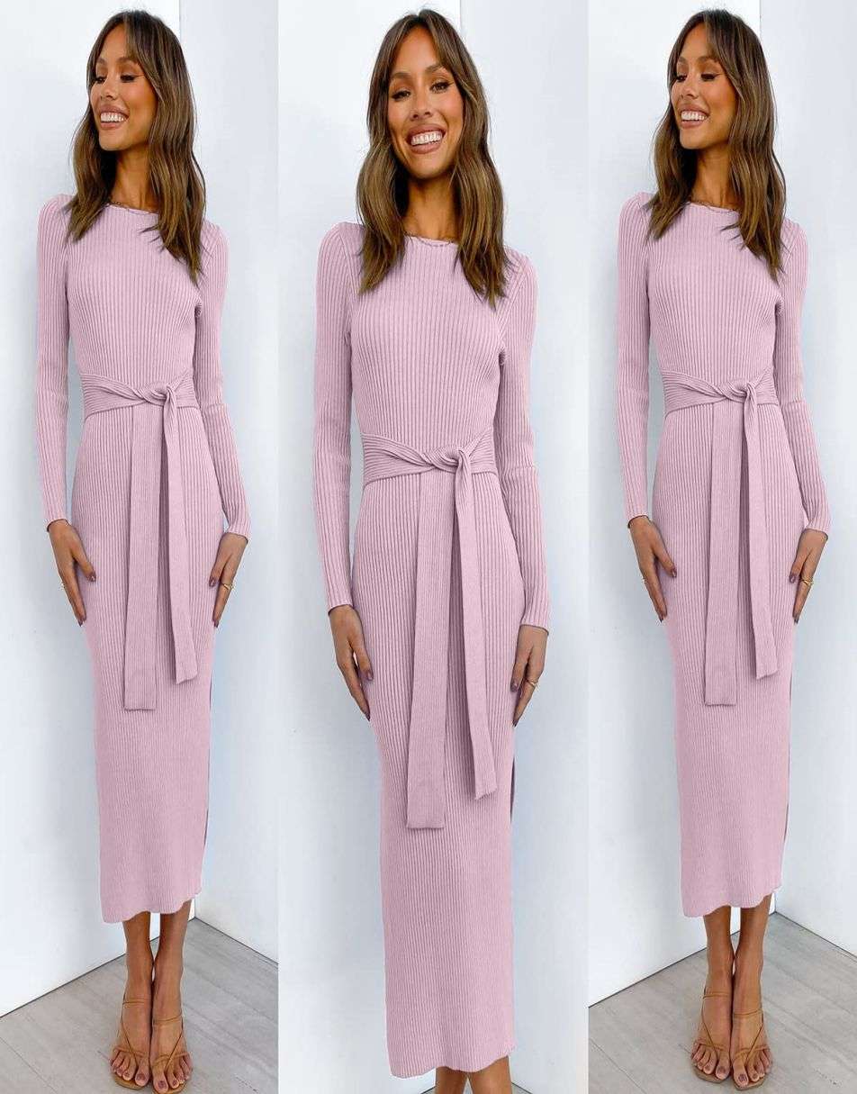 Anrabess Slim-fit Knitted slit Midi Sweater Dress