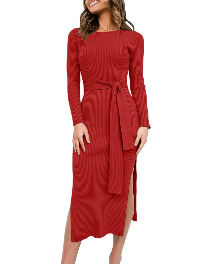 Anrabess Slim-fit Knitted slit Midi Sweater Dress