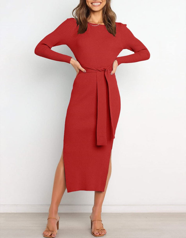 Anrabess Slim-fit Knitted slit Midi Sweater Dress