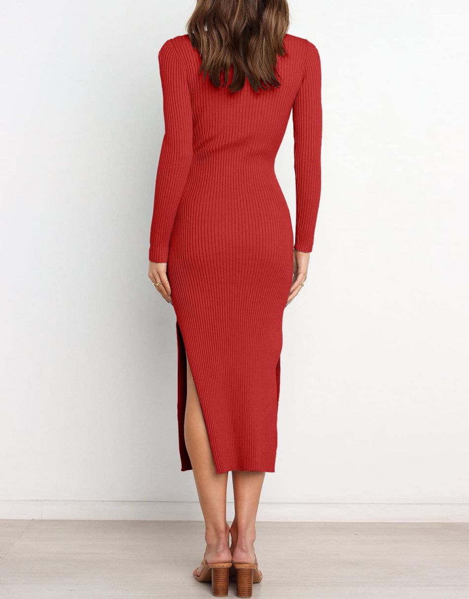 Anrabess Slim-fit Knitted slit Midi Sweater Dress