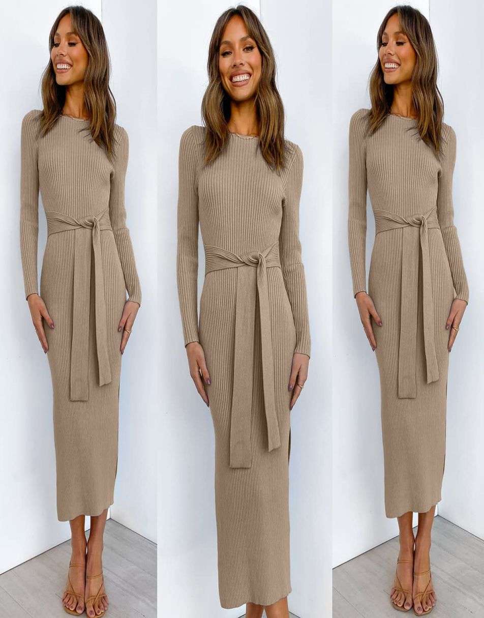 Anrabess Slim-fit Knitted slit Midi Sweater Dress