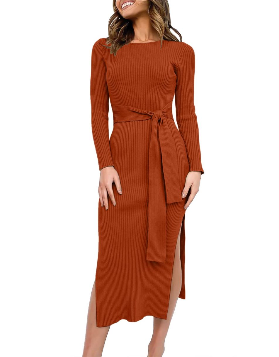 Anrabess Slim-fit Knitted slit Midi Sweater Dress