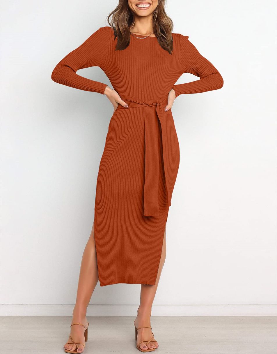 Anrabess Slim-fit Knitted slit Midi Sweater Dress