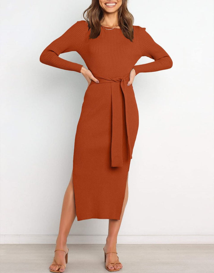 Anrabess Slim-fit Knitted slit Midi Sweater Dress