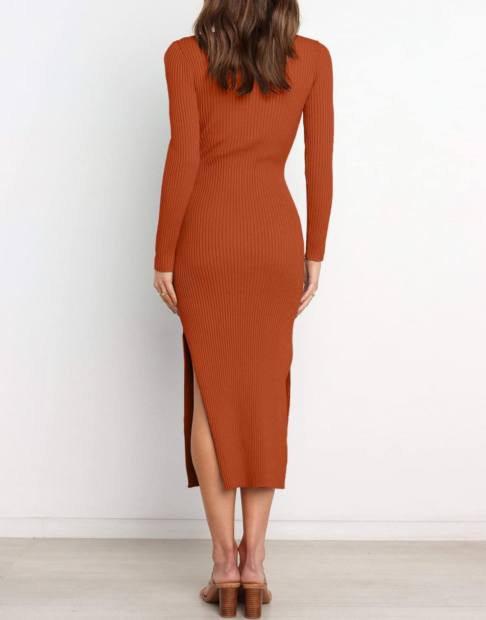 Anrabess Slim-fit Knitted slit Midi Sweater Dress