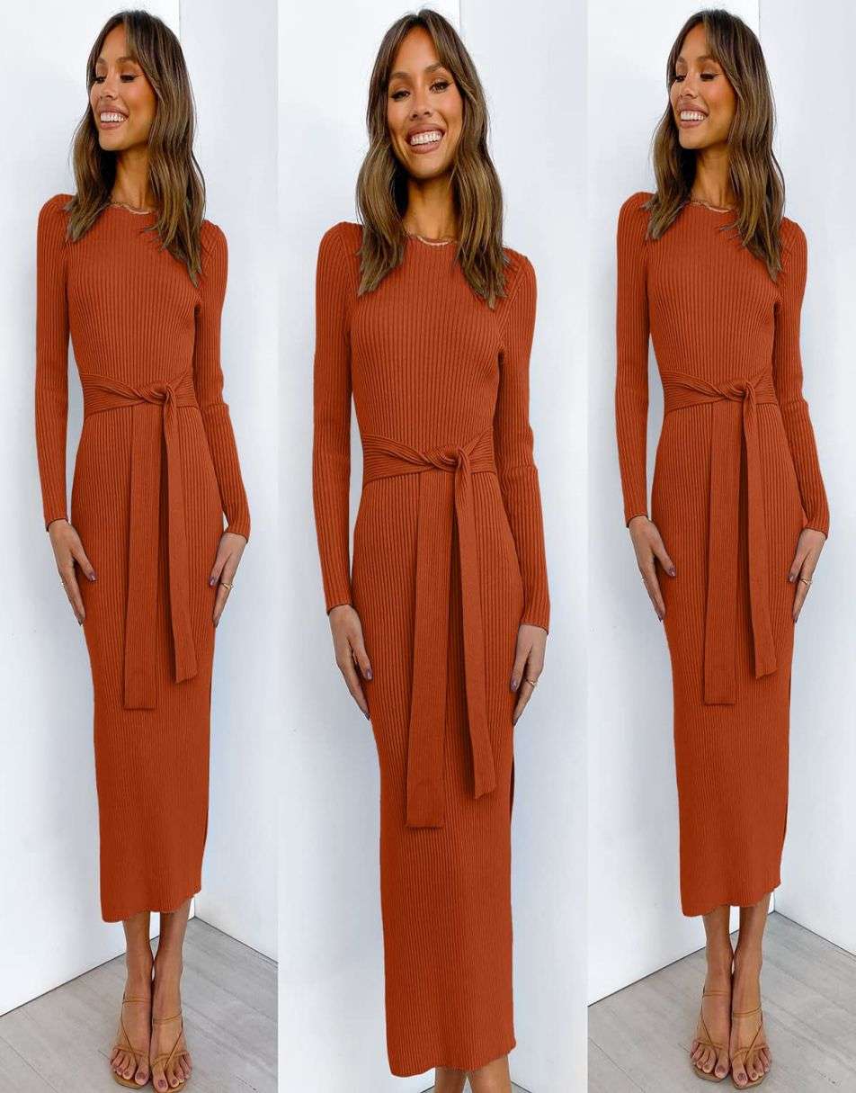 Anrabess Slim-fit Knitted slit Midi Sweater Dress