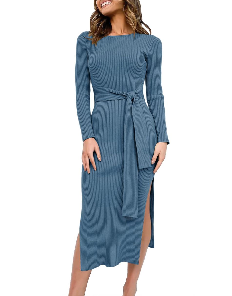 Anrabess Slim-fit Knitted slit Midi Sweater Dress