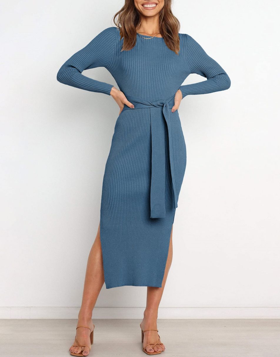 Anrabess Slim-fit Knitted slit Midi Sweater Dress