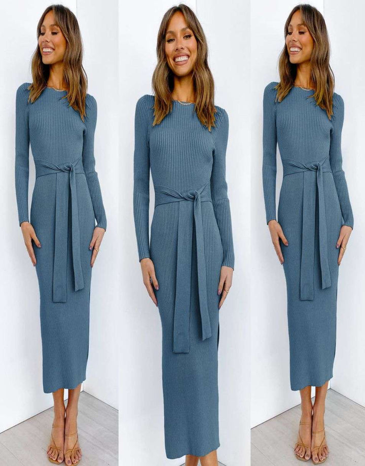 Anrabess Slim-fit Knitted slit Midi Sweater Dress