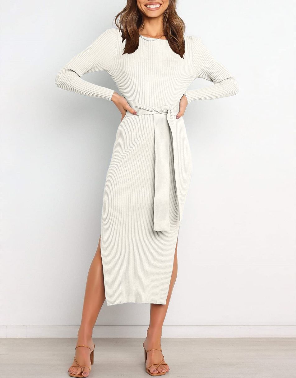 Anrabess Slim-fit Knitted slit Midi Sweater Dress