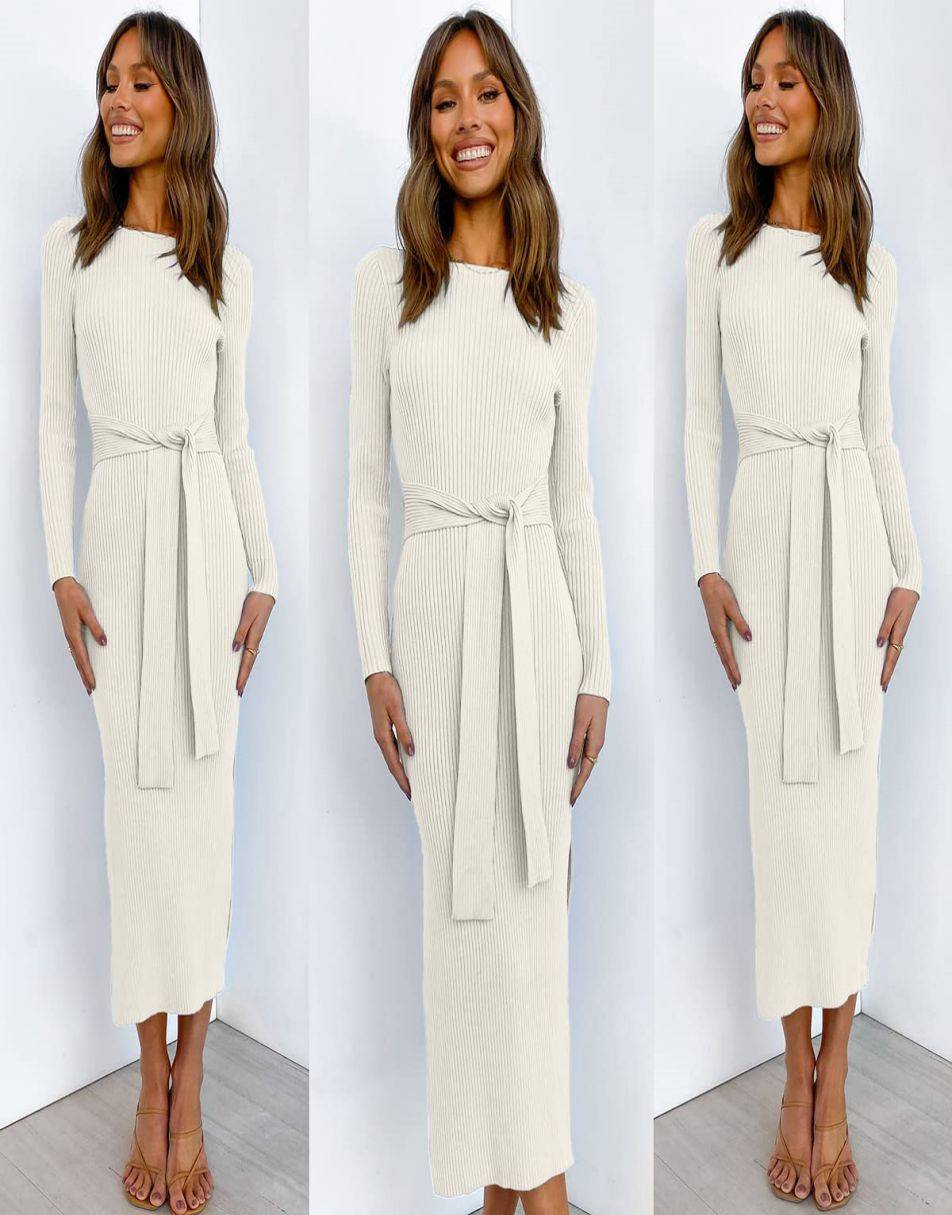 Anrabess Slim-fit Knitted slit Midi Sweater Dress