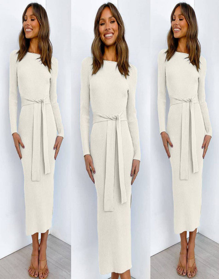 Anrabess Slim-fit Knitted slit Midi Sweater Dress