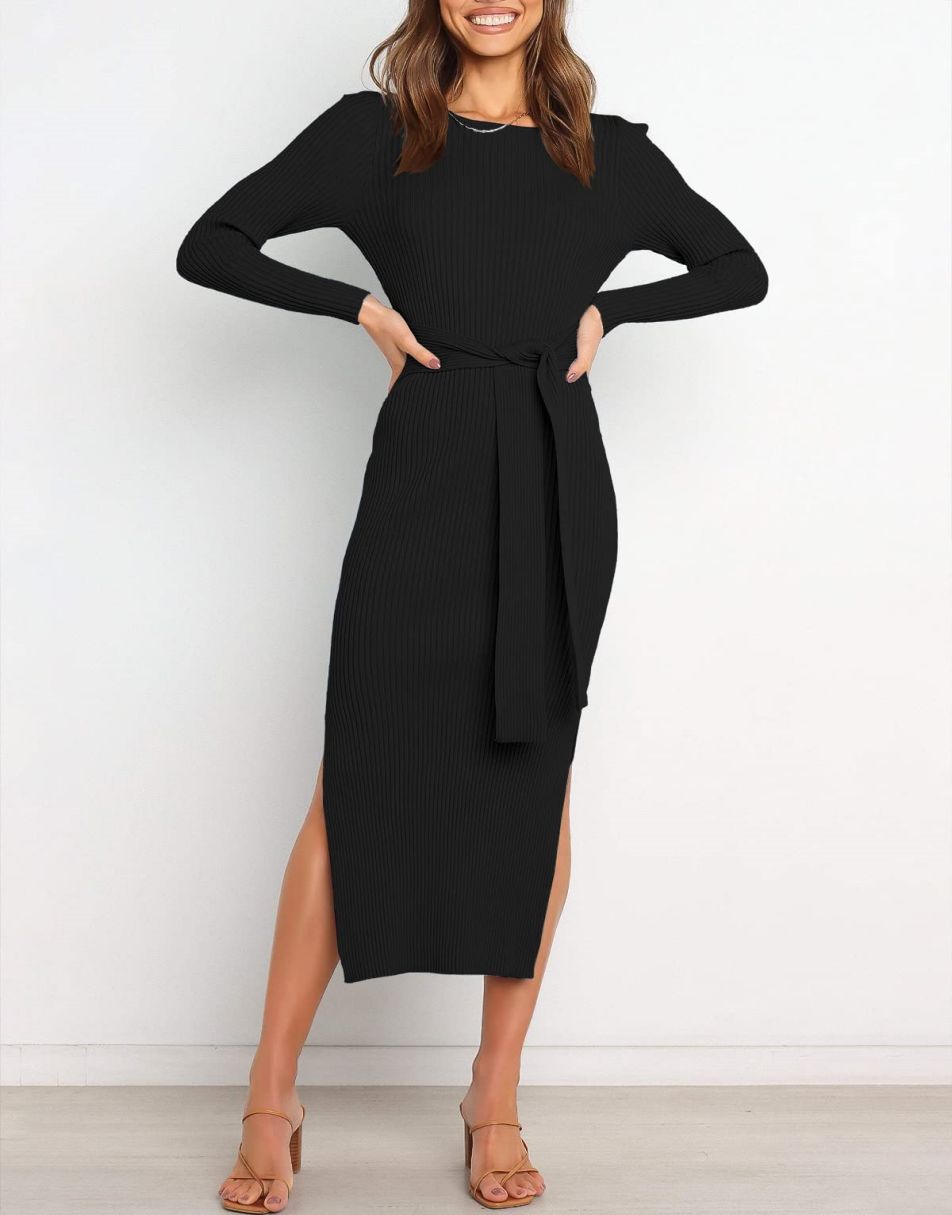 Anrabess Slim-fit Knitted slit Midi Sweater Dress