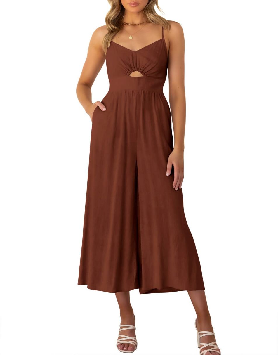 Anrabess Spaghetti Straps V Neck Cutout High Waist Jumpsuits