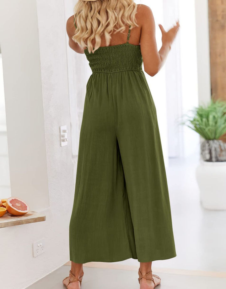 Anrabess Spaghetti Straps V Neck Cutout High Waist Jumpsuits