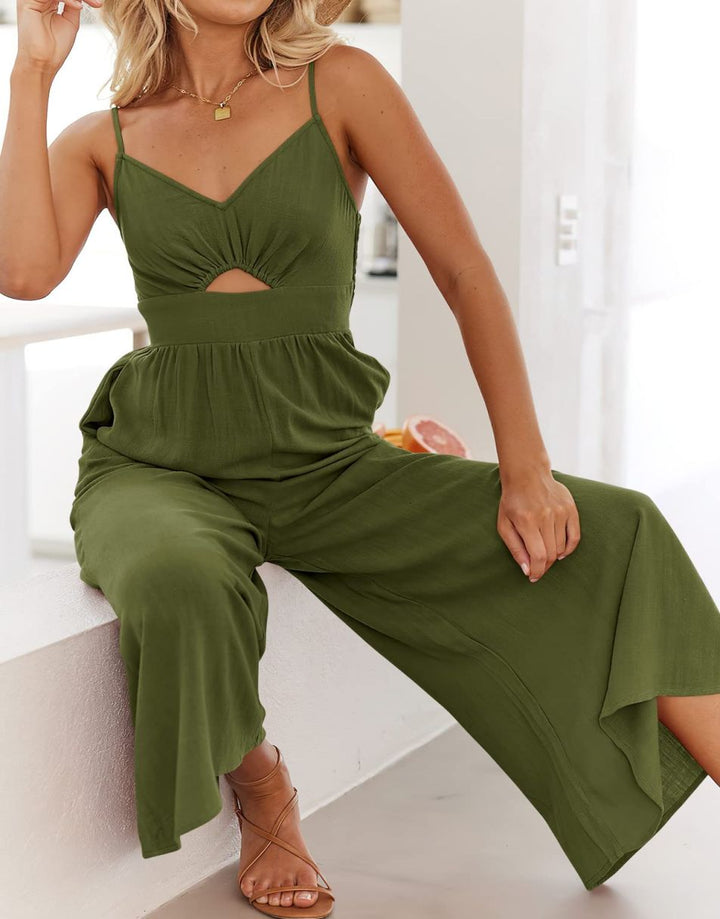 Anrabess Spaghetti Straps V Neck Cutout High Waist Jumpsuits