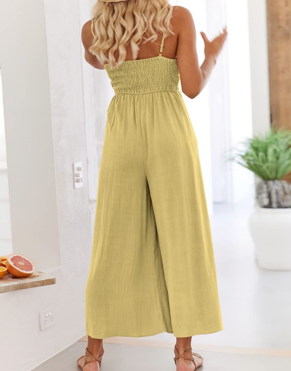 Anrabess Spaghetti Straps V Neck Cutout High Waist Jumpsuits