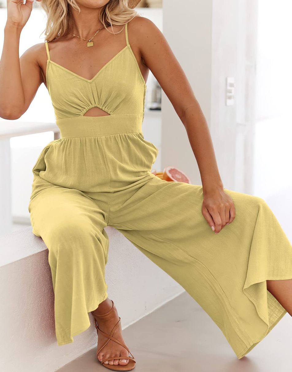 Anrabess Spaghetti Straps V Neck Cutout High Waist Jumpsuits