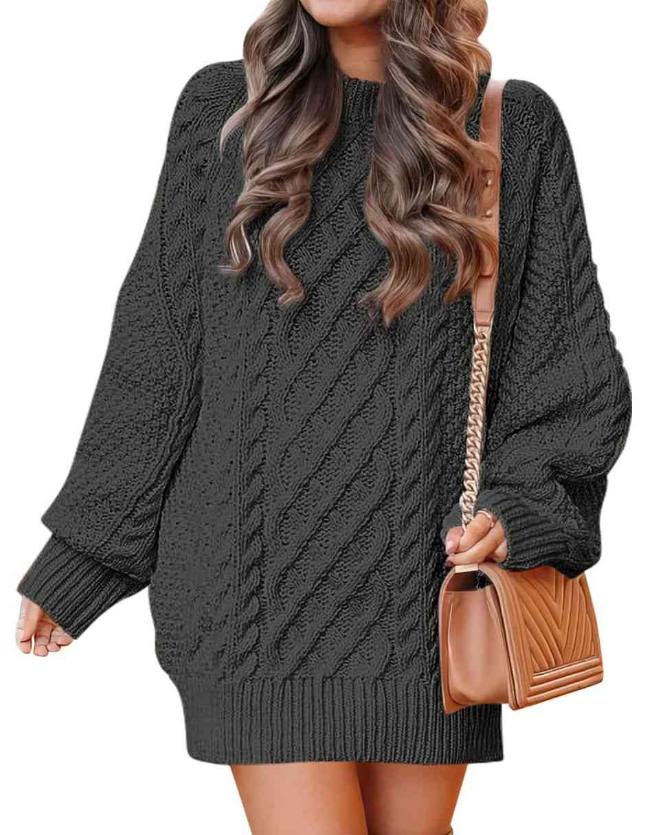 ANRABESS Women 2023 Fall Crewneck Long Sleeve Oversized Cable Knit Chunky Pullover Short Sweater Dresses