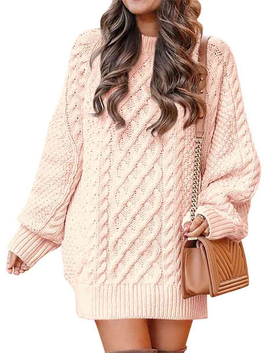 ANRABESS Women 2023 Fall Crewneck Long Sleeve Oversized Cable Knit Chunky Pullover Short Sweater Dresses