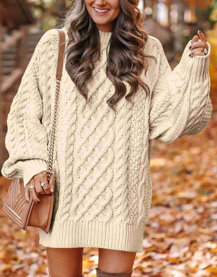 ANRABESS Women 2023 Fall Crewneck Long Sleeve Oversized Cable Knit Chunky Pullover Short Sweater Dresses