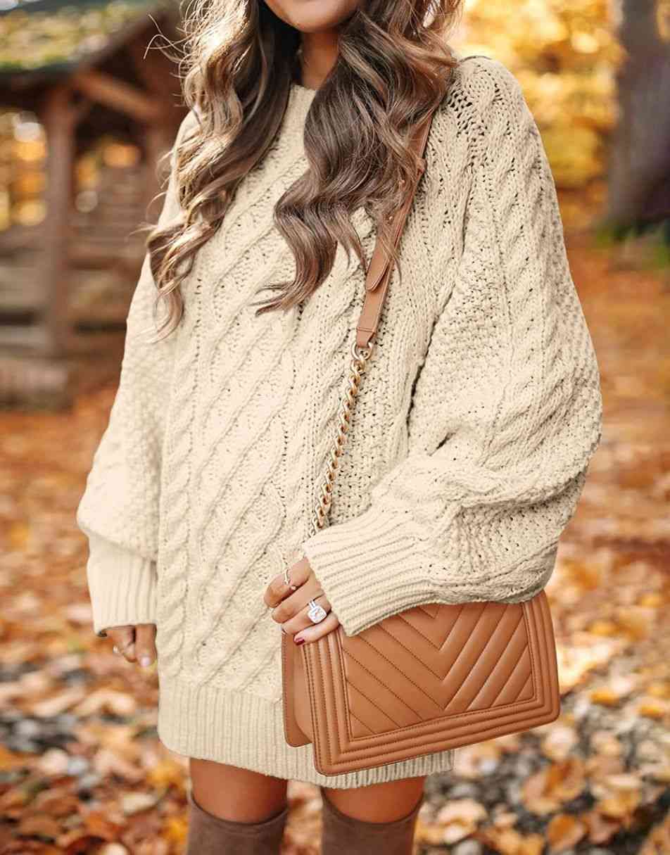 ANRABESS Women 2023 Fall Crewneck Long Sleeve Oversized Cable Knit Chunky Pullover Short Sweater Dresses