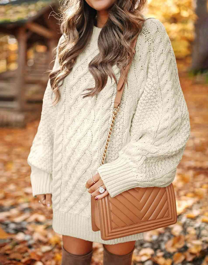 ANRABESS Women 2023 Fall Crewneck Long Sleeve Oversized Cable Knit Chunky Pullover Short Sweater Dresses