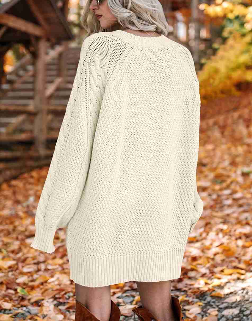 ANRABESS Women 2023 Fall Crewneck Long Sleeve Oversized Cable Knit Chunky Pullover Short Sweater Dresses