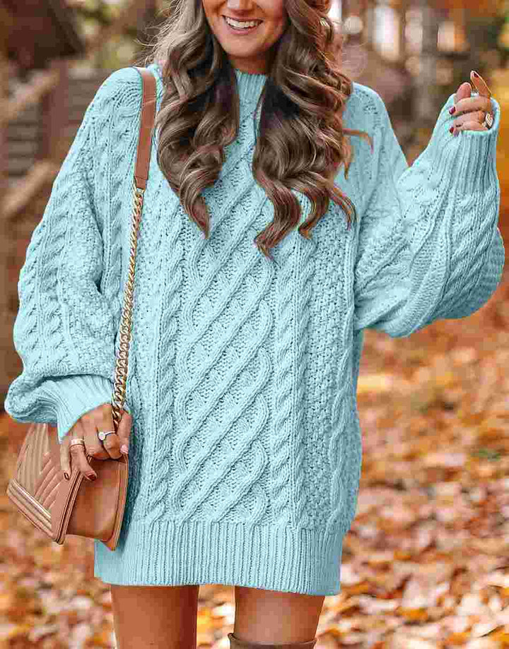 ANRABESS Women 2023 Fall Crewneck Long Sleeve Oversized Cable Knit Chunky Pullover Short Sweater Dresses