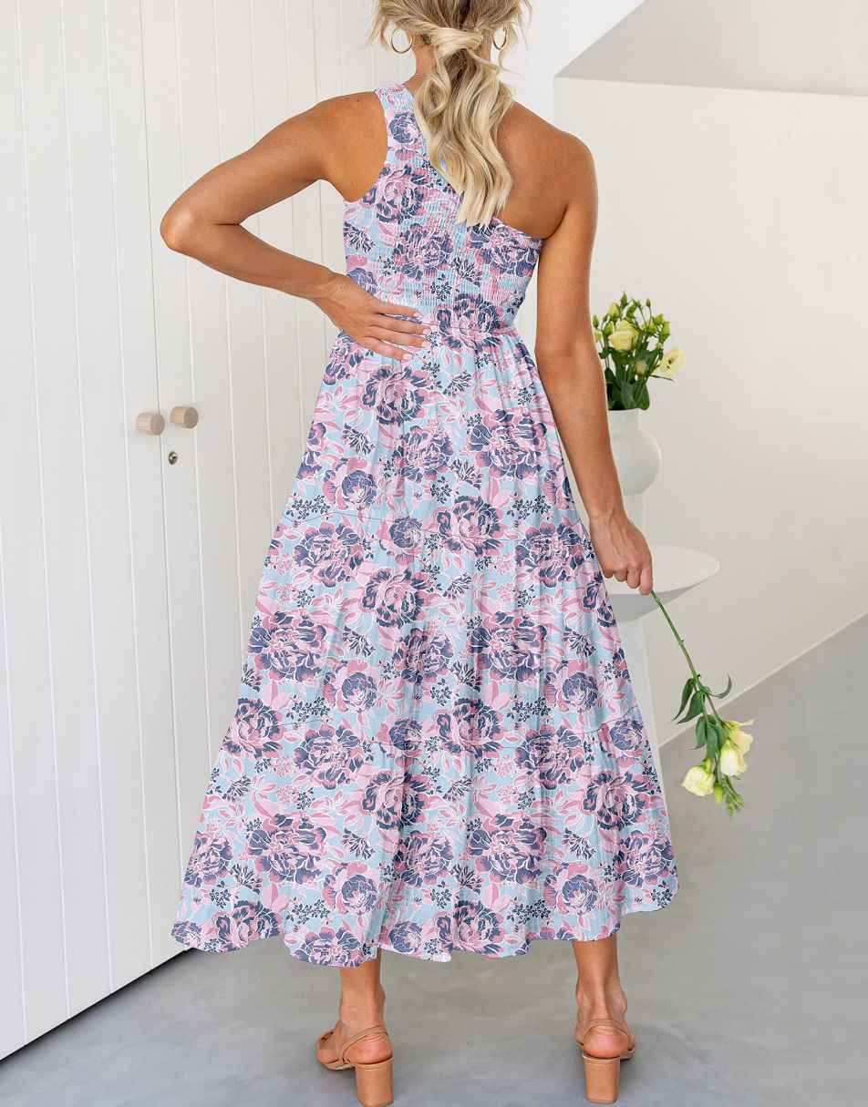 Boho Printed Sleeveless Smocked Tiered Maxi Dress Anrabess