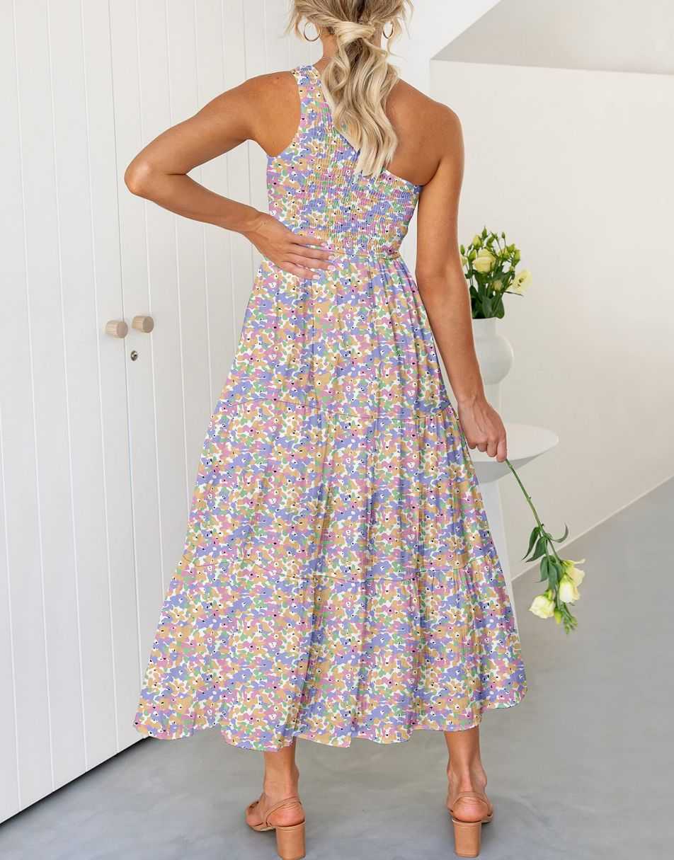 Boho Printed Sleeveless Smocked Tiered Maxi Dress Anrabess