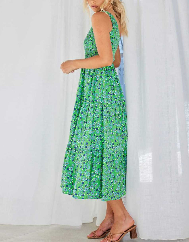 Boho Printed Sleeveless Smocked Tiered Maxi Dress Anrabess