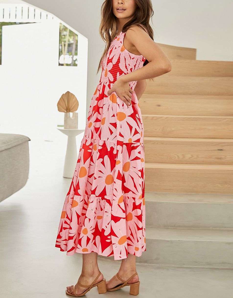 Boho Printed Sleeveless Smocked Tiered Maxi Dress Anrabess