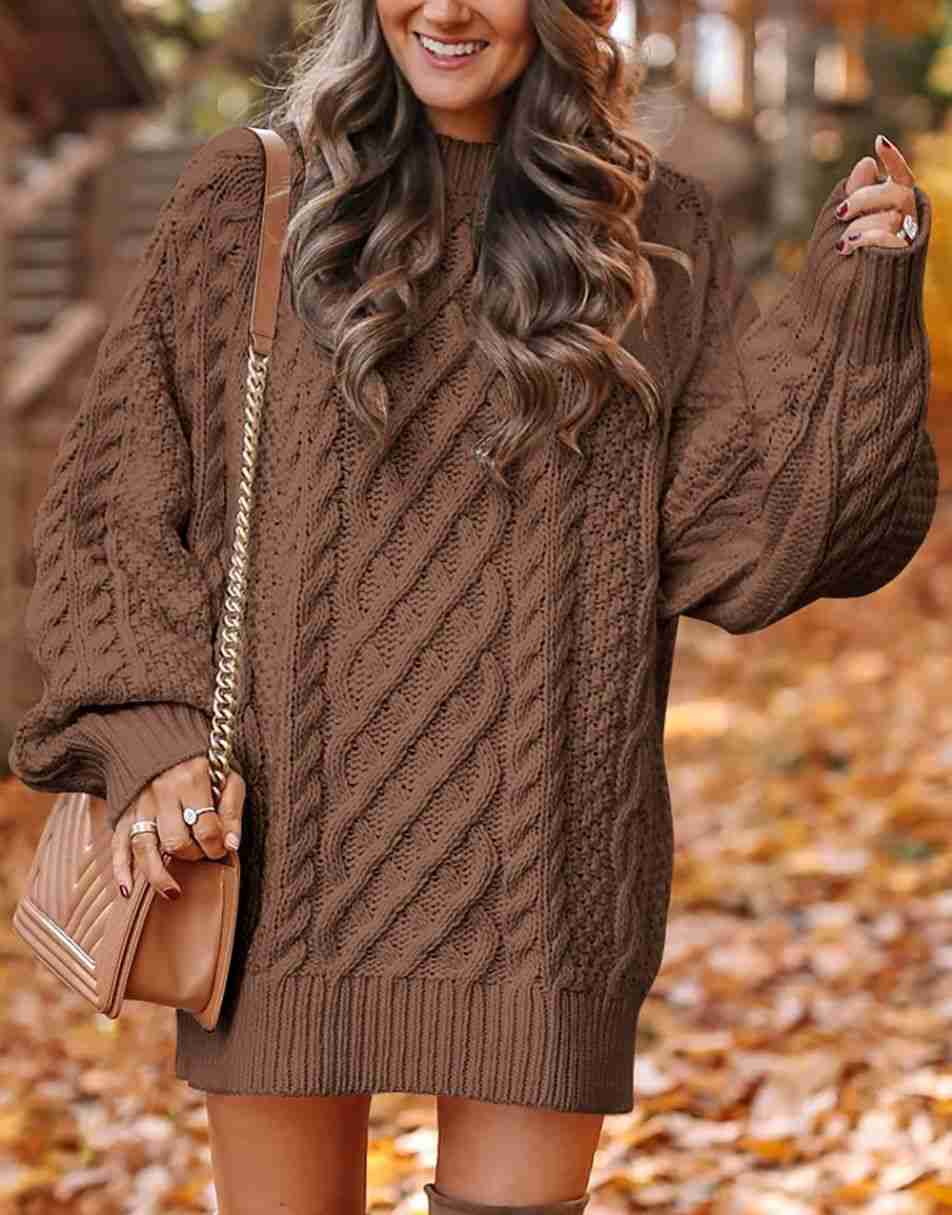 ANRABESS Women 2023 Fall Crewneck Long Sleeve Oversized Cable Knit Chunky Pullover Short Sweater Dresses