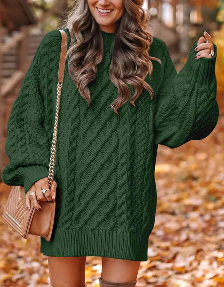 ANRABESS Women 2023 Fall Crewneck Long Sleeve Oversized Cable Knit Chunky Pullover Short Sweater Dresses