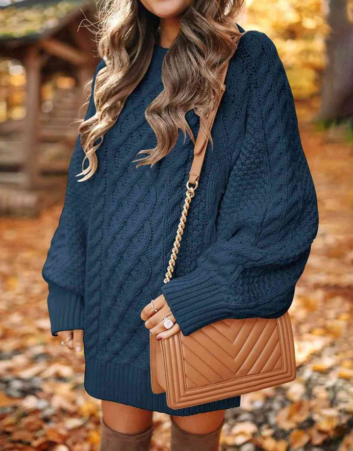 ANRABESS Women 2023 Fall Crewneck Long Sleeve Oversized Cable Knit Chunky Pullover Short Sweater Dresses